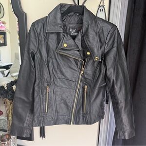 Women's Black Leather Jacket With Gold Hardware